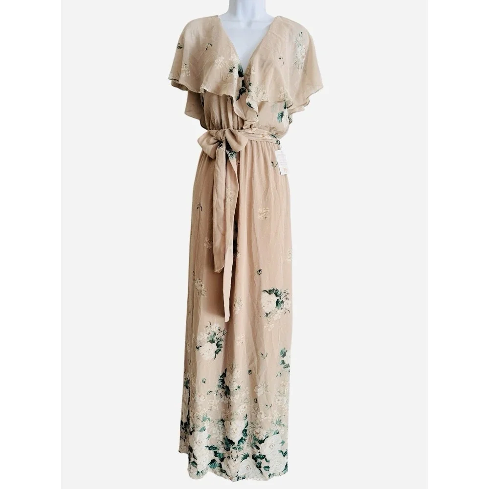 Show Me Your MuMu Maxi Dress M AUDREY Blush Floral‎ Ruffle Wrap Front Chiffon